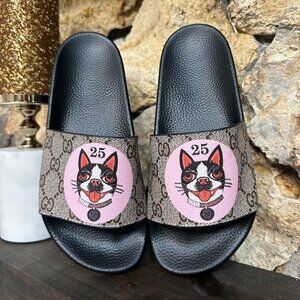 GG Leather Flip Flops with Print Sandals Women's Slippers Beach Sandals Size: 8